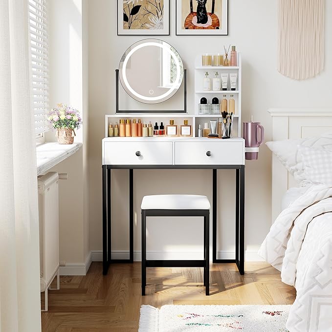 Small Vanity Desk with Mirror for Bedroom: Compact Makeup Table Set with Lights - 31.5 inch White Dresser Vanities with Chair for Girls