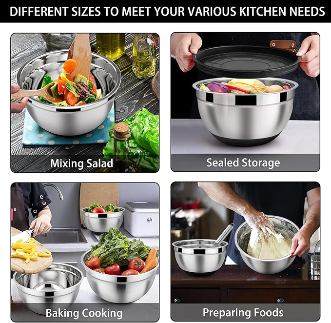 LIANYU Stainless Steel Nesting Mixing Bowls Set of 6 with Airtight Lids, Size 7, 3.5, 2.5, 2, 1.5, 1QT, Large Metal Bowls for Baking Cooking Food Storage, Non-slip Bottom, Black