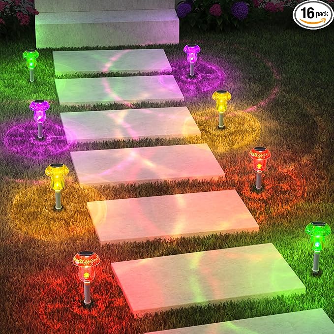 Solar Outdoor Lights, 16 Pack Waterproof Solar Mushroom Lights for Garden Yard Pathway Path Walkway Driveway Lawn Landscape Outside Decor, Yellow Green Purple Red