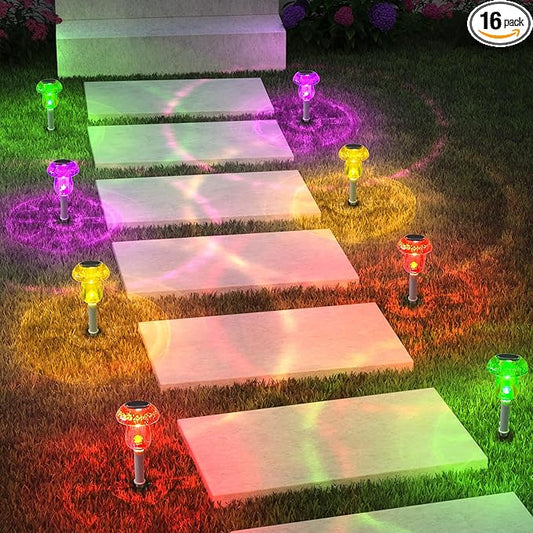 Solar Outdoor Lights, 16 Pack Waterproof Solar Mushroom Lights for Garden Yard Pathway Path Walkway Driveway Lawn Landscape Outside Decor, Yellow Green Purple Red