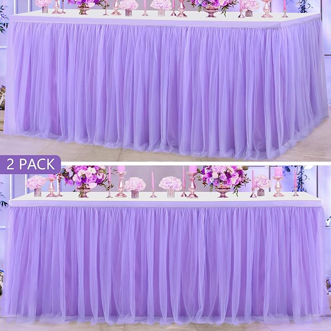 2 Pack 6ft Purple Table Skirt for Baby Shower Girl Lavender Tutu Table Skirts for Rectangle Tables or Round Tables Tulle Table Cloth for Parties Mermaid Butterfly Elephant Birthday Wedding Decorations
