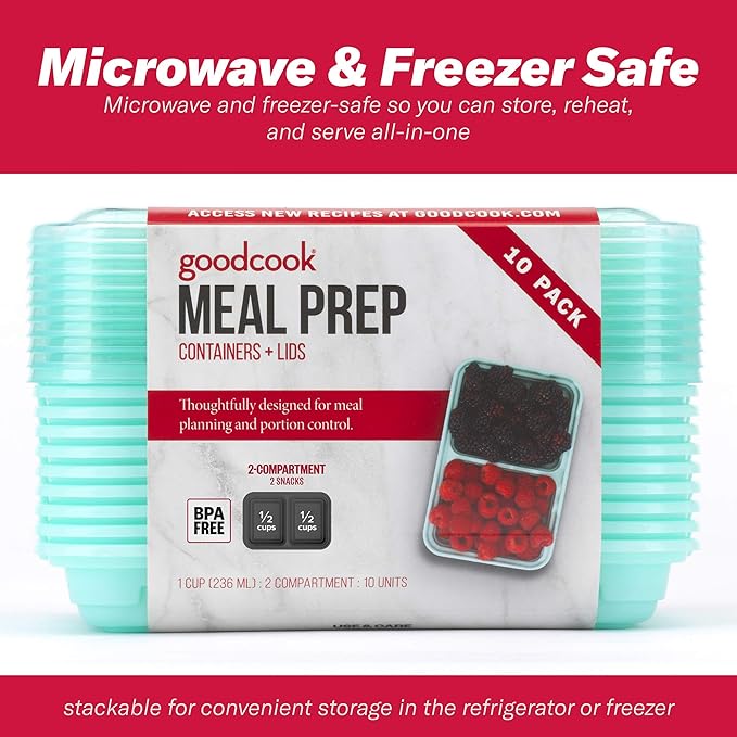 GoodCook 2-Compartment Food Storage Container Set with Snap-Shut Lids, Reusable Divided Snack Containers with Lids, Set of 10, Blue