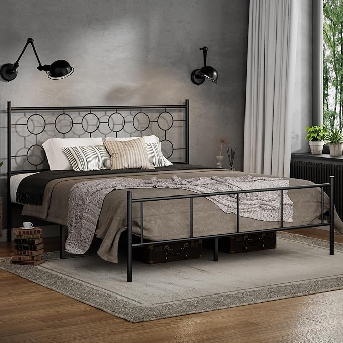 King Size Classic Metal Platform Bed Frame with Headboard and Footboard, Victorian Style Iron Bedframe with 12 inch of Storage Under Frame, Slat Support, No Springs Required, Easy to Assemble (Black)