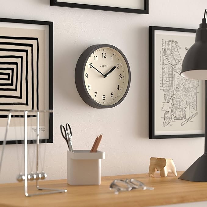 JONES CLOCKS® Spin Wall Clock | Small Modern Round Clock | 20cm | Dark Gray | Easy to Read Numbers | Ideal for Kitchen, Office, Children’s Room or Any Small Space