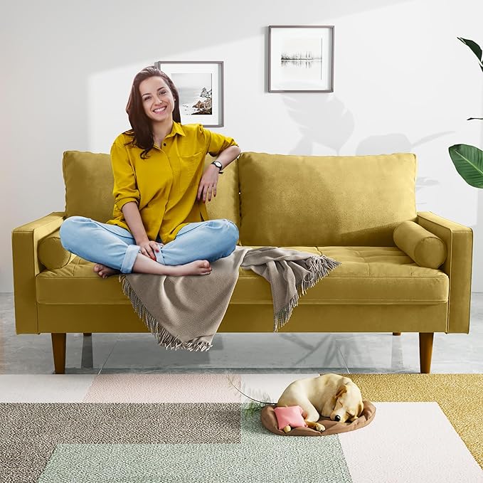 Modern Sofa,70 Inch Velvet Couch for Living Room,Spring Cushions,Easy Assembly Modern Couches with Throw Pillow for Small Spaces (Goldenrod)