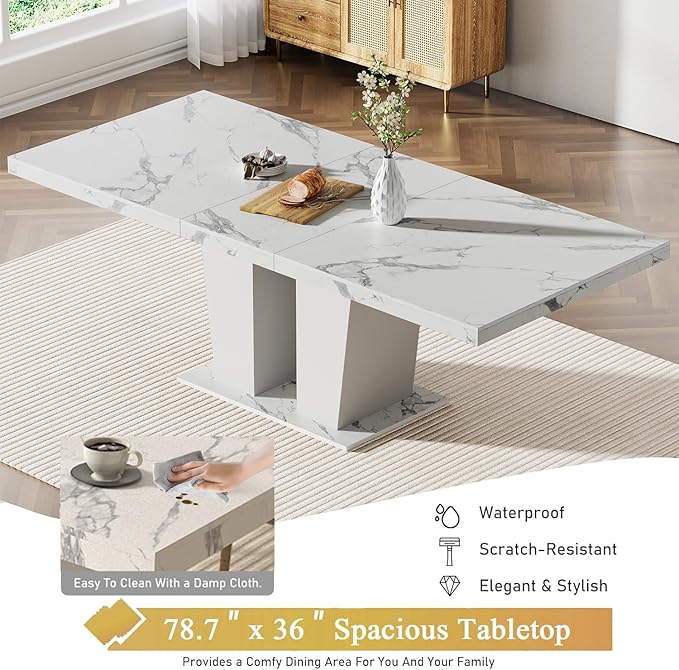 Goujxcy 7-Piece Extendable Dining Table Set for 6-8 People 63-78 Inch Kitchen Table Set with 6 Grey Upholstered Chairs Modern White Faux Marble Rectangular Dining Room Table Set for Kitchen Apartment