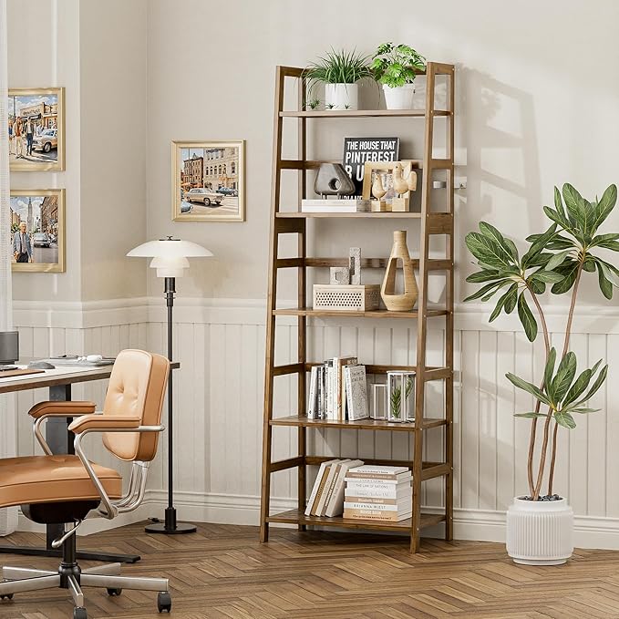 Ladder Shelf, 5-Tier Bookshelf, All Bamboo Heavy Duty Bookcase, Freestanding Open Wood Storage Rack, Modern Corner Display Plant Stand for Living Room, Home Office, Bathroom, Bedroom, Walnut