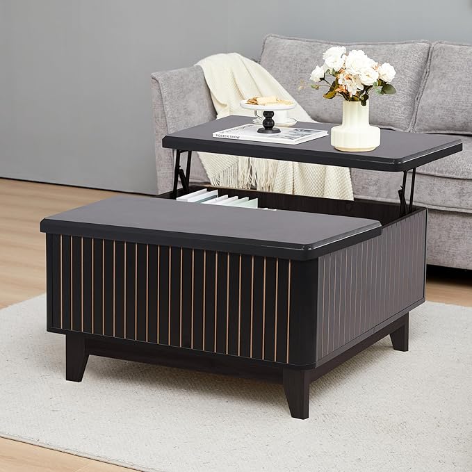 Lift Top Coffee Table, Square Coffee Table with Hidden Storage Compartment, Farmhouse Wood Center Table Dining Table for Living Room, Bedroom, Home Office (Black)