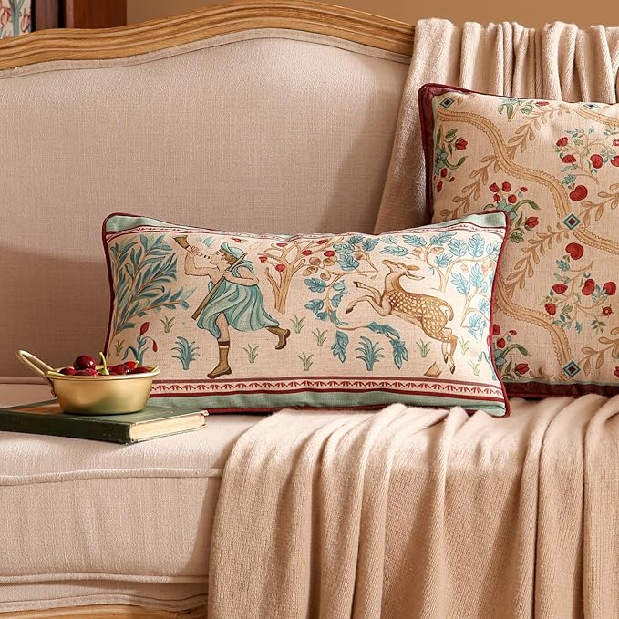 patdrea Designer Pack of 2 Rectangle Throw Pillow Covers,Farmhouse Vintage Linen with Beige Ancient Idyll Pattern,Decorative Lumbar Pillowcases Cushion for Bed Living Room Outdoor Car,12"x20"