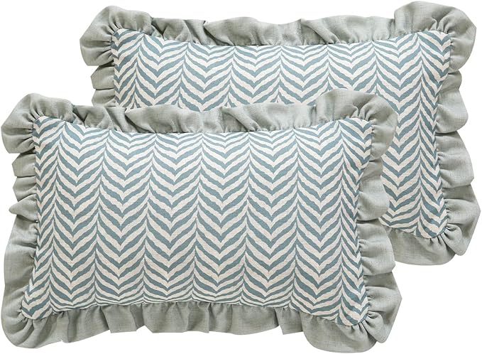 Design Linen Throw Pillow Covers 12"x20" Pack of 2, Rectangle Minimalist Cushion Covers with Powder Blue Chevron Leaves Pattern Decoration Pillowcases for Bed,Living Room,Outdoor,Car