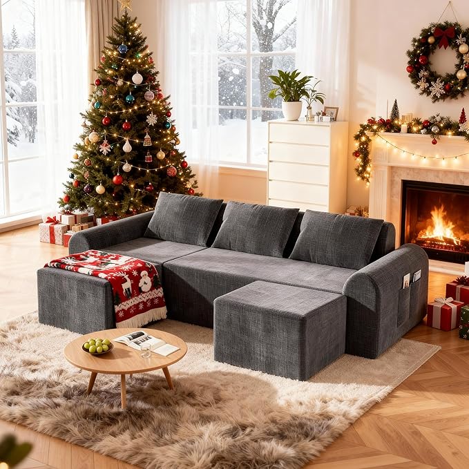 86.6” Cloud Boneless Sectional Sofa for Living Room, 3-Seater Modular Couch for Small Apartments with 2 Ottomans, Deep Seat Chenille Fabric Sofa, No Assembly Required, 72H Full Restore, Grey