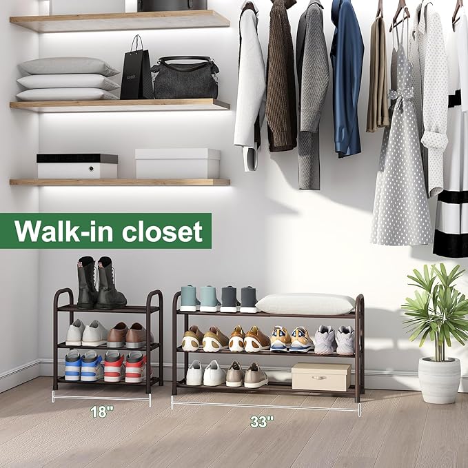 Expandable Shoe Rack for Closet, 3-Tier Shoe Organizer for Closet, Metal Adjustable Black Shoe Shelf Storage Organizer, Free Standing Shoe Rack for Entryway