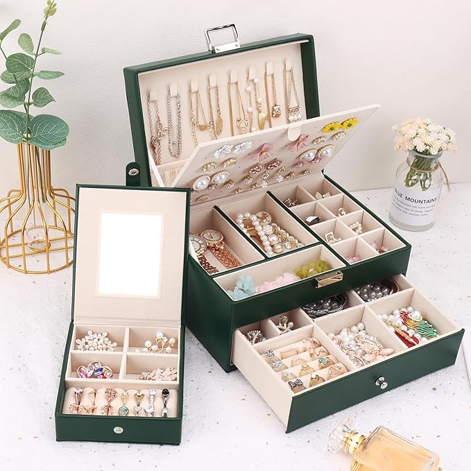 DesignSter Jewelry Organizer Box, 2 Layers Large Jewelry Box with Travel Jewelry Case, Leather Jewelry Storage Case for Rings Earrings Bracelets Necklaces (Green)