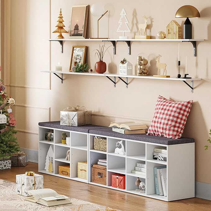 DINZI LVJ Shoe Storage Bench with Cushion, Cubby Shoe Rack with 12 Cubbies, Adjustable Shelves, Multifunctional Shoe Organizer Bench for Entryway, Mudroom, Hallway, Closet and Garage, White