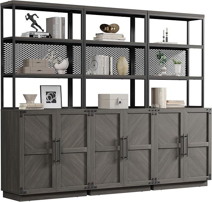 SICOTAS Tall Bookshelf with Storage Cabinet - Modern Book Shelf with Doors and Shelves, 5 Tier Bookcase with Metal Frame Industrial Large Book Case for Home Office, Living Room, 75 Inch, Ash Gray