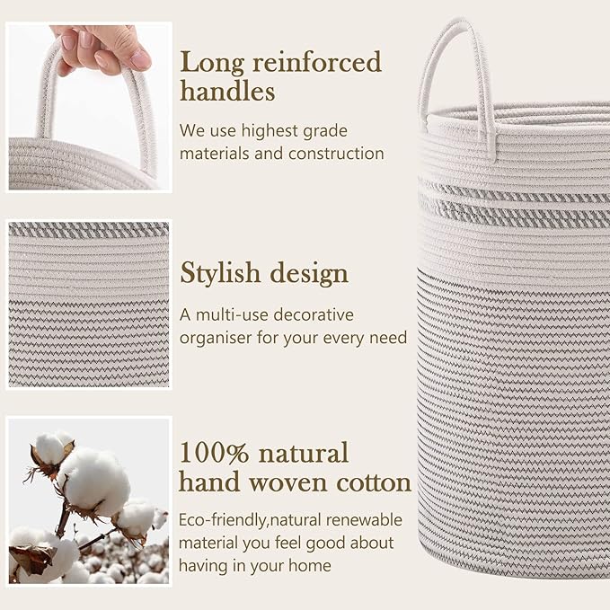 Woven Rope Laundry Hamper Basket, 58L Tall Luandry Basket, Baby Nursery Hamper for Blanket Storage, Clothes Hamper for Laundry in Bedroom-Large-Stripe White