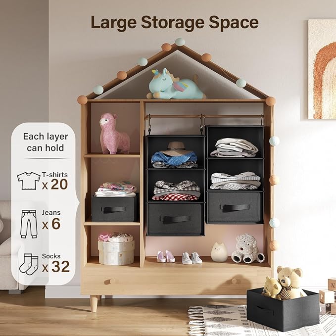 Pipishell 6-Shelf Hanging Closet Organizer, Hanging Shelves with 2 Separable 3-Tier Shelves, Closet Shelves Organizer with 3 Removable Drawers for Wardrobe, Nursery, Baby Clothes Organizer, Black