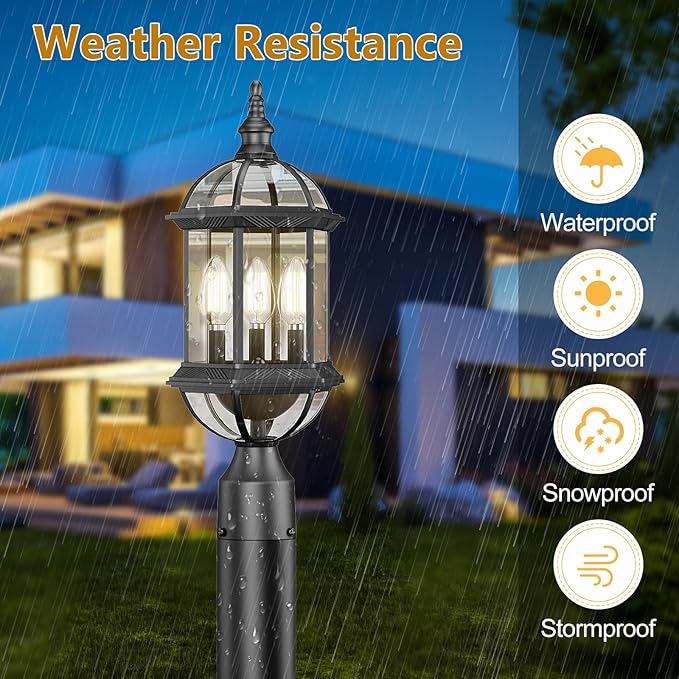 Large Outdoor Post Lights,19.21" 3-Light Lamp Post Light Fixture,Hardwired 120V Exterior Waterproof Pole Lighting,Modern Black Aluminum Lantern for Garden, Yard, Patio, Pathway