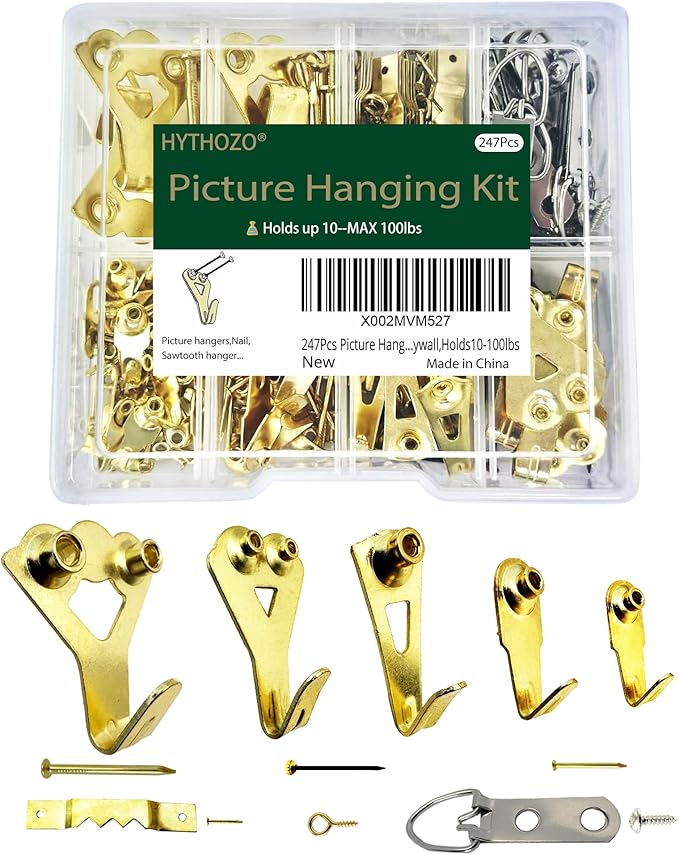 Picture Hanging Kit Heavy Duty 247 Pcs - Assorted Hooks, Nails, D Rings for Wall Mounting on Drywall & Wood, Hardware Set Holds 10-100 lbs