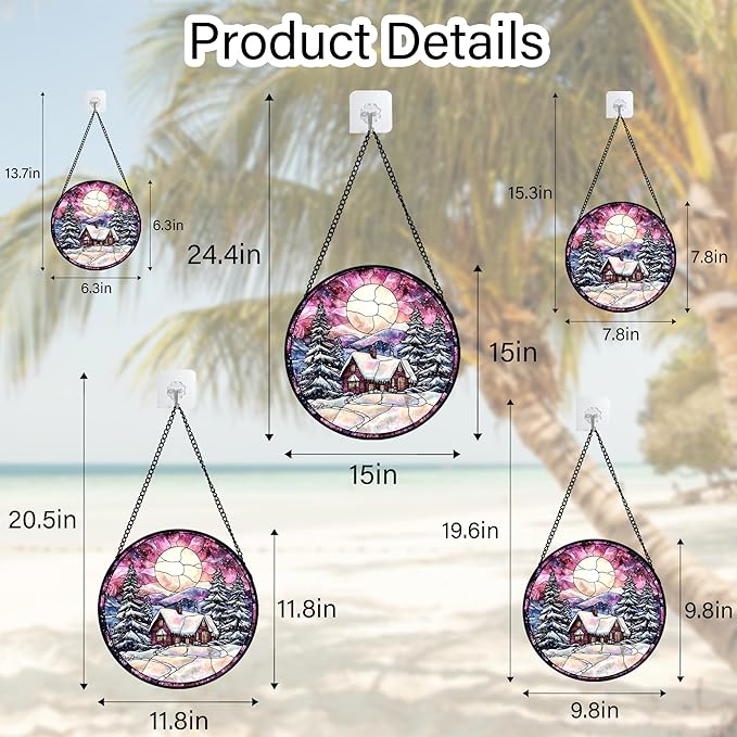 Stained Glass Window Hanging - Winter Snow Scene Cabin Moon Sun Catcher for Door Garden Home Decor Pine Tree Suncatcher Christmas Mother's Day Birthday Gifts for Women Men Mom Nana 11.8 in