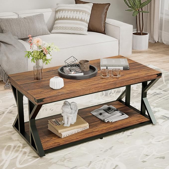 43” Industrial Coffee Table, 2-Tier Farmhouse Center Table with Storage Shelf, Angle Iron Top & Metal Frame, Living Room Cocktail Table, Rustic Brown