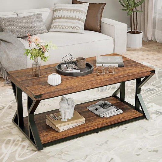 43” Industrial Coffee Table, 2-Tier Farmhouse Center Table with Storage Shelf, Angle Iron Top & Metal Frame, Living Room Cocktail Table, Rustic Brown