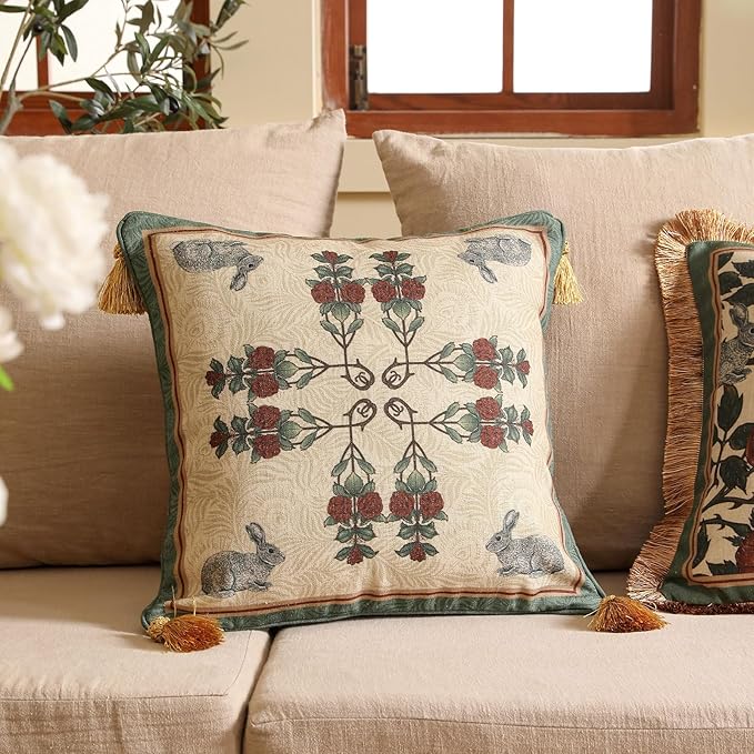 patdrea Designer Throw Pillow Covers Set of 2,French Elegant Green Linen with Rose and Animal Floral Pattern Pillow Covers,Decorative Square Pillowcases Cushion for Bed Living Room Outdoor,18"x18"