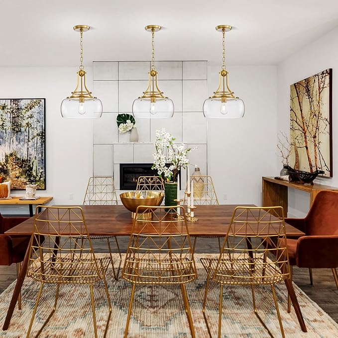 WUZUPS Chandelier Rustic Farmhouse Industrial Round Ceiling Pendant LED Light Fixture with Clear Glass Shades for Dining Room Kitchen Island Foyer Entryway, H 17" x W 13.4", E26 Base, Brushed Gold