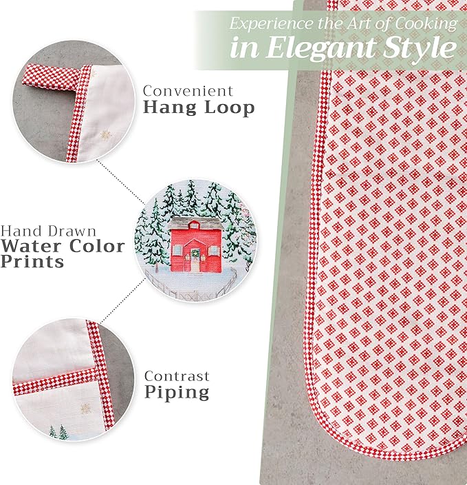 Maison d' Hermine Double Oven Mitt (7" x 35") 100% Cotton Heat Resistant BBQ Cooking Gloves with Loop for Thanksgiving Christmas Decorations Baking Cooking Barbeque Handling Hot Pan (Rural Christmas)