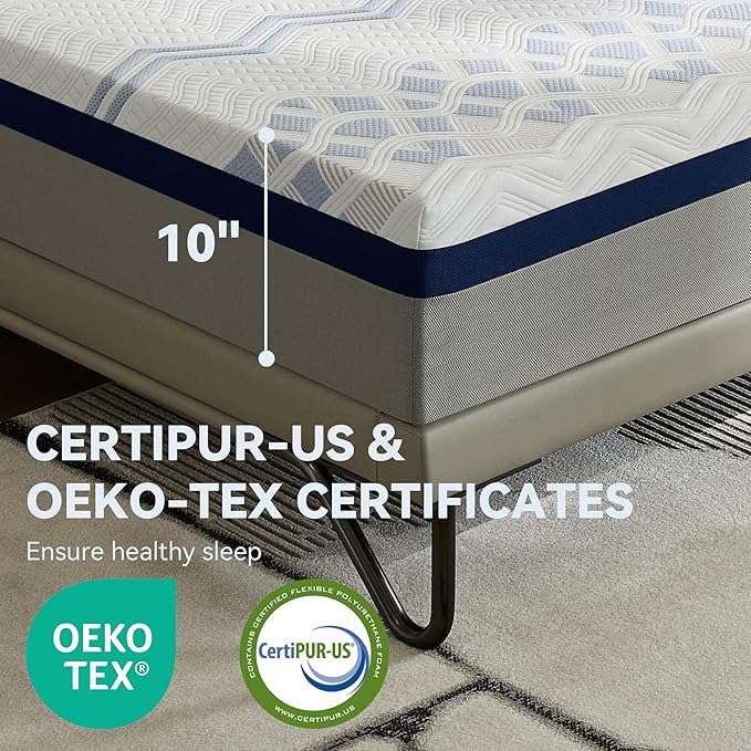 BedsPick 10 Inch Queen Gel Memory Foam Mattress in a Box, Medium-Firm Feel for Back Pain Relief, Fiberglass Free, Motion Isolation, CertiPUR-US Certified