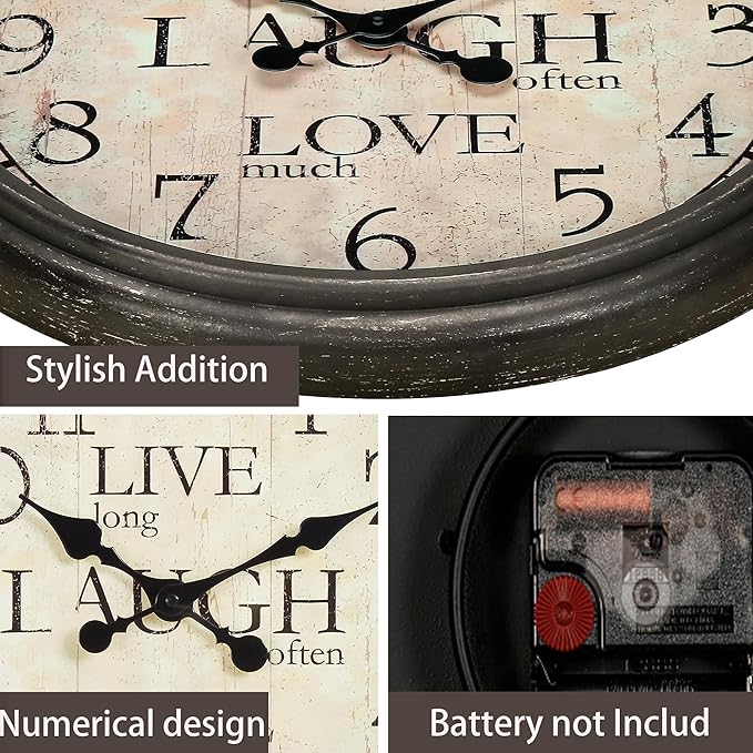 16 Inch Vintage Wall Clock, Silent Non-Ticking Quartz Battery Operated Decorative Clock for Home, Kitchen, Living Room, Dining Room, Office, Old Brown Roman Numerals