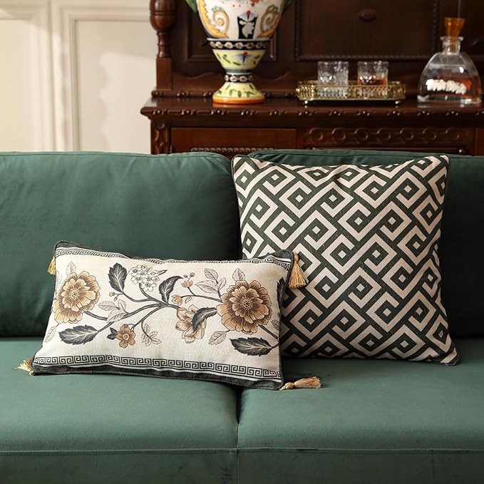 Design Linen Chinoiserie Rectangle Throw Pillow Covers 12"x20" Pack of 2, Farmhouse Cushion Covers with Yellow Floral Birds Pattern Decoration Pillowcases for Bed,Living Room,Outdoor,Car