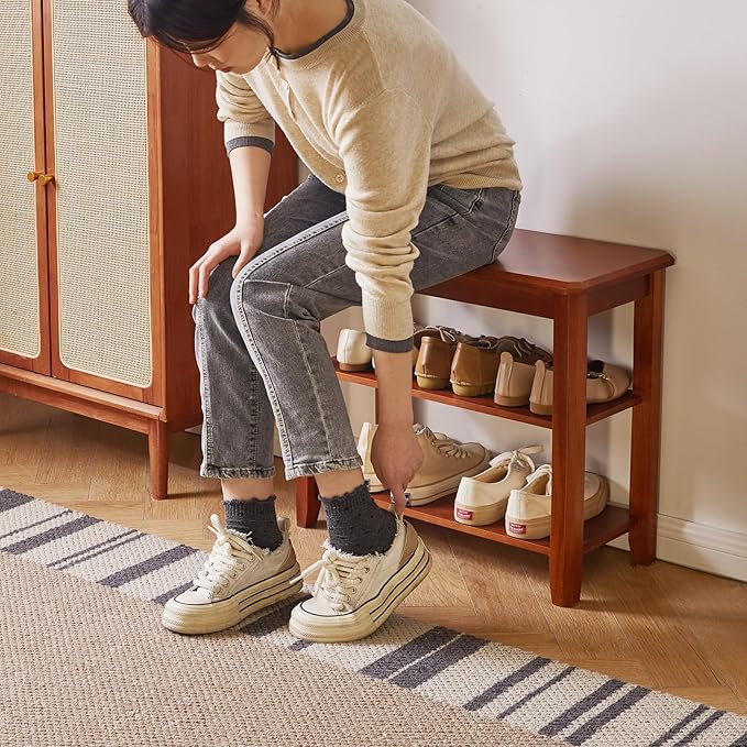 Shoe Bench, 3-Tier Wood Heavy Duty Shoe Organizer Shelf for Entryway, Living Room Brown YD-WD05H
