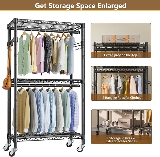 Heavy Duty Clothes Rack Rolling Garment Rack,3 Tier Adjustable Wire Shelving Clothing Racks for Hanging Clothes with Double Rods&Side Hooks,Freestanding Wardrobe Storage Rack Metal Portable Closet