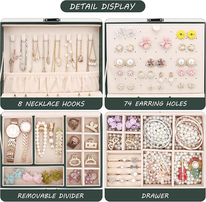 DesignSter Jewelry Organizer Box, 2 Layers Large Jewelry Box with Travel Jewelry Case, Leather Jewelry Storage Case for Rings Earrings Bracelets Necklaces (Green)