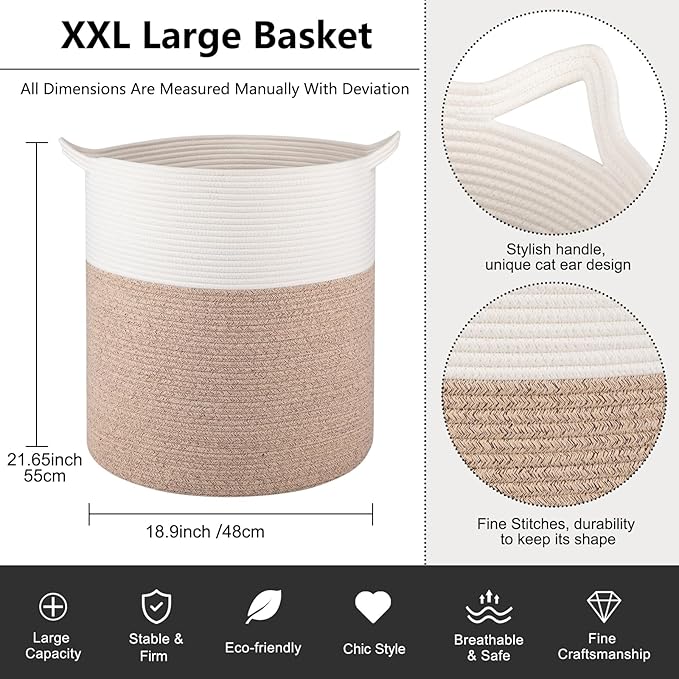 Laundry Basket, 100L Large Laundry Hamper, Tall Woven Rope Storage Basket for Blanket Toys Pillows Towels, Baby Nursery Hamper Bin for Living Room, Bedroom (Brown & White)