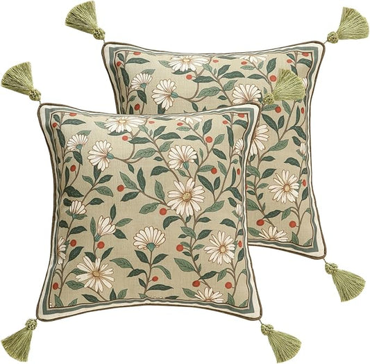 Design Square Green Floral Linen Throw Pillow Covers 18"x18" Pack of 2, White Simple Elegant Daisy Pattern Cushion Covers Decor Pillowcases for Bed,Living Room,Outdoor,Car