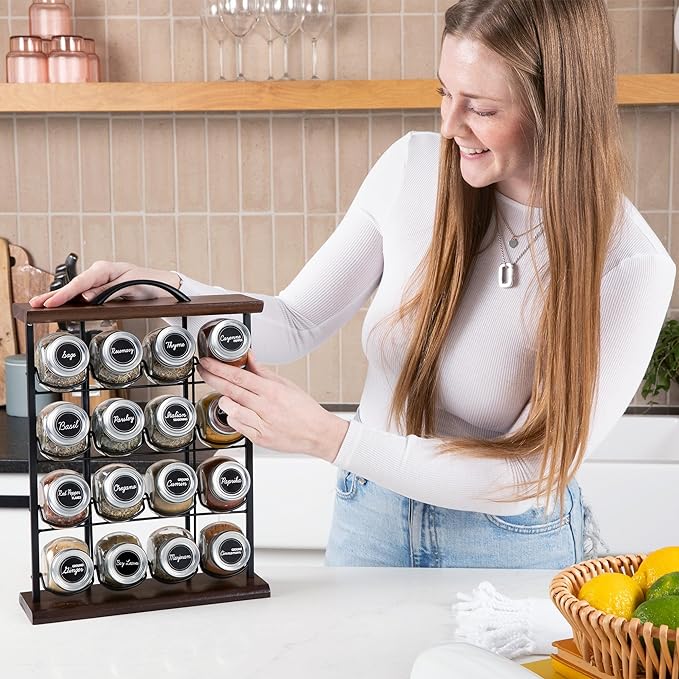 Orii 16 Jar Acacia Wood & Metal Wire Spice Rack with Spices Included, Storage for Spices and Seasoning, Black & Brown