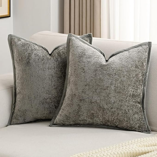 FUTEI Grey Chenille Throw Pillow Covers 26x26 Inch Set of 2,Soft Cozy Bound Edge Design Euro Pillow Sham,Home Decor for Couch Bed Living Room