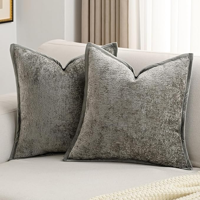 FUTEI Grey Chenille Throw Pillow Covers 22x22 Inch Set of 2,Soft Cozy Bound Edge Design Cushion Case,Home Decor for Couch Bed Living Room