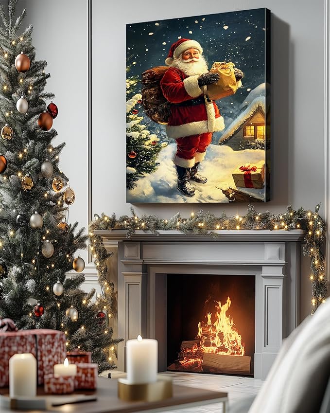 Vintage Santa Claus Christmas Canvas Wall Art - Festive Holiday Painting for Living Room,Bedroom & Bathroom, Cozy Winter Decor Framed Print, Perfect Christmas Gifts & Home Decoration