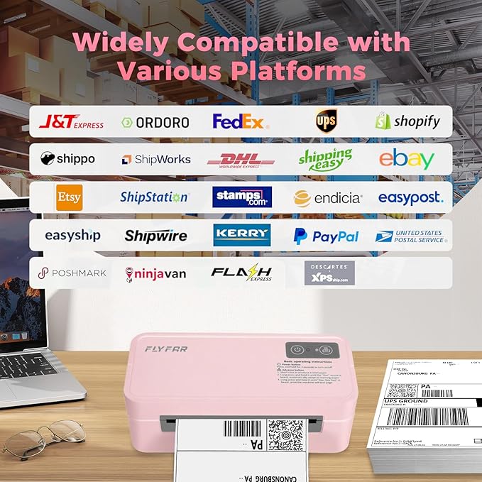 Bluetooth Thermal Label Printer, 4x6 Shipping Label Printer for Small Business, Compatible with Android, Windows, iPhone, Mac, Widely Used for Amazon, Shopify, Ebay, USPS, Etsy,FedEx (Pink)