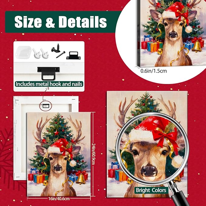 Vintage Reindeer Christmas Canvas Wall Art - Rustic Winter Deer in Snow Forest Framed Print, Cozy Christmas Wall Decor for Living Room, Unique Christmas Gifts & Festive Decorations