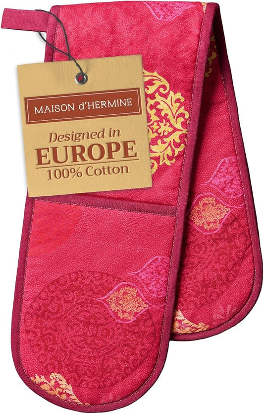 Maison d' Hermine Double Oven Mitt (7" x 35") 100% Cotton Heat Resistant BBQ Cooking Gloves with Loop for Thanksgiving Christmas Decorations Baking Cooking Barbeque Handling Hot Pan (Versailles)