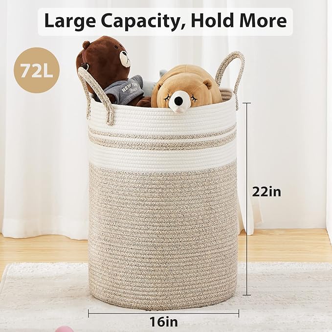 Fiona's magic 72L Large Woven Laundry Hamper, Tall Cotton Rope Storage Basket, Jute Baby Nursery Hamper for Blankets, Toys and Clothes in Bedroom and Living Room Organizing, Brown & White