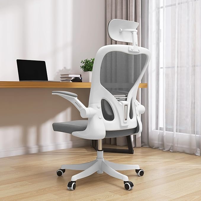 Monhey Office Chair Ergonomic Desk Chair with Lumbar Support&Headrest&Flip-up Arms Height Adjustable Rocking Swivel High Back Computer Chair Warm Taupe Mesh Study Chair (02White+Grey)