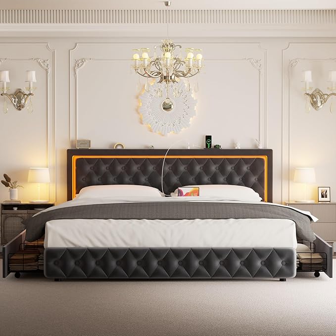 Full Bed Frame with 4 Storage Drawers, Velvet Upholstered Bed Frame Full Size with Charging Station and LED Lights, 46" Adjustable Button Tufted Headboard, No Box Spring Needed, Grey