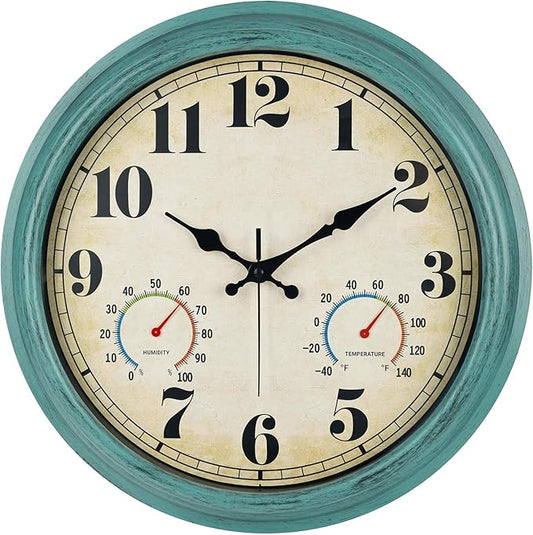 zyzamay 16 Inch Green Vintage Indoor/Outdoor Wall Clock with Thermometer & Hygrometer & Waterproof, Large Silent Sweep Numerals, Perfect for Porch, Garden, Pool