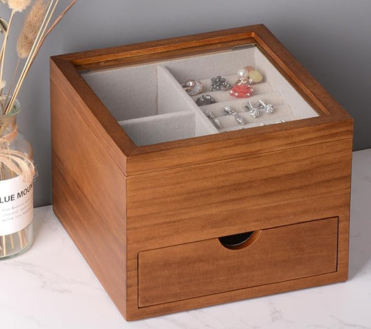 Jewelry Box with Glass Lid, 2 Layer Jewelry Organizer for Women, Solid Wooden Jewelry Box Display for Ring Earrings Necklace Bracelet, Pine Wood Jewelry Boxes Vintage Style for Gifts