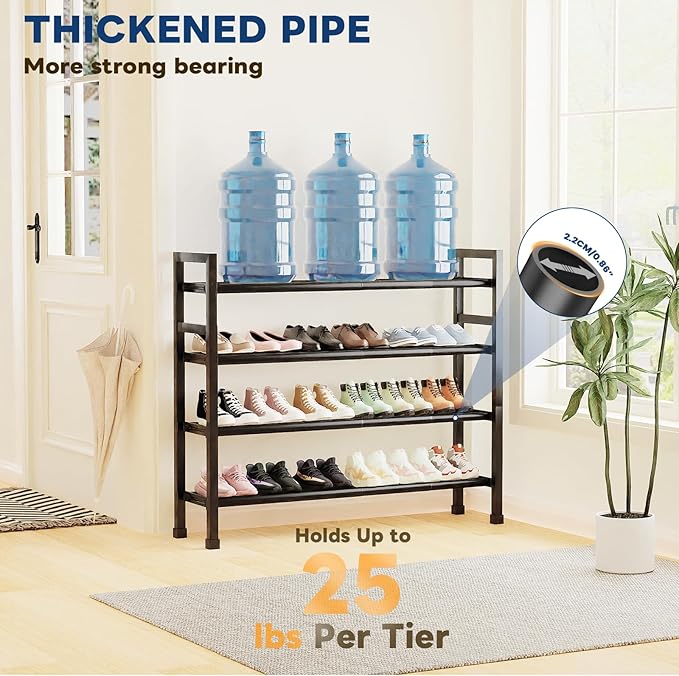 Mavivegue Expandable Shoe Rack, 4-Tier 19"-43.3" Adjustable Shoe Rack for Closet,Hall Entryway,Front Door,Garage, Sturdy Steel Space-Saving Rack, Black